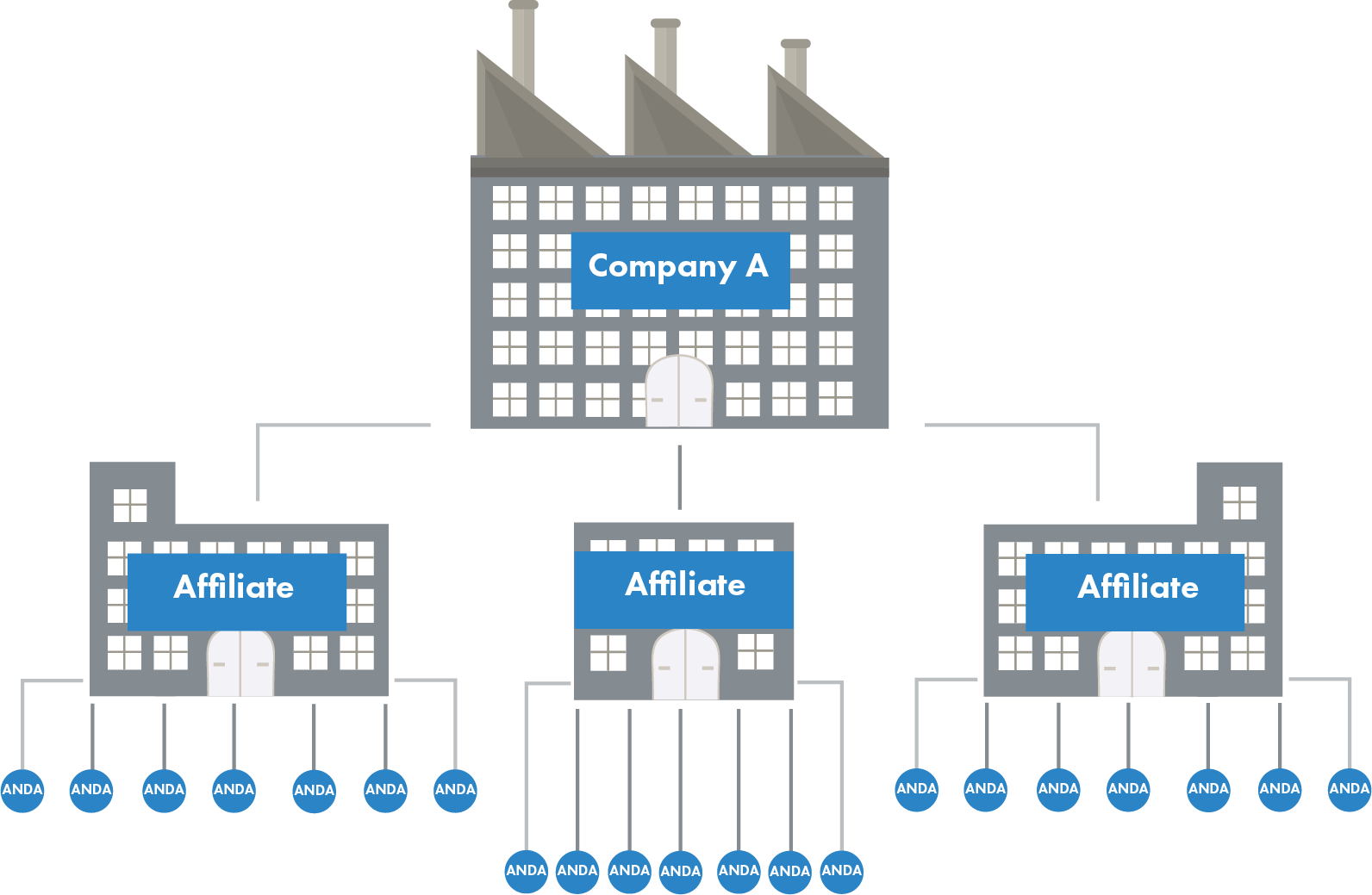 Graphic showing the affiliation of ANDAs to Company A in the text example.