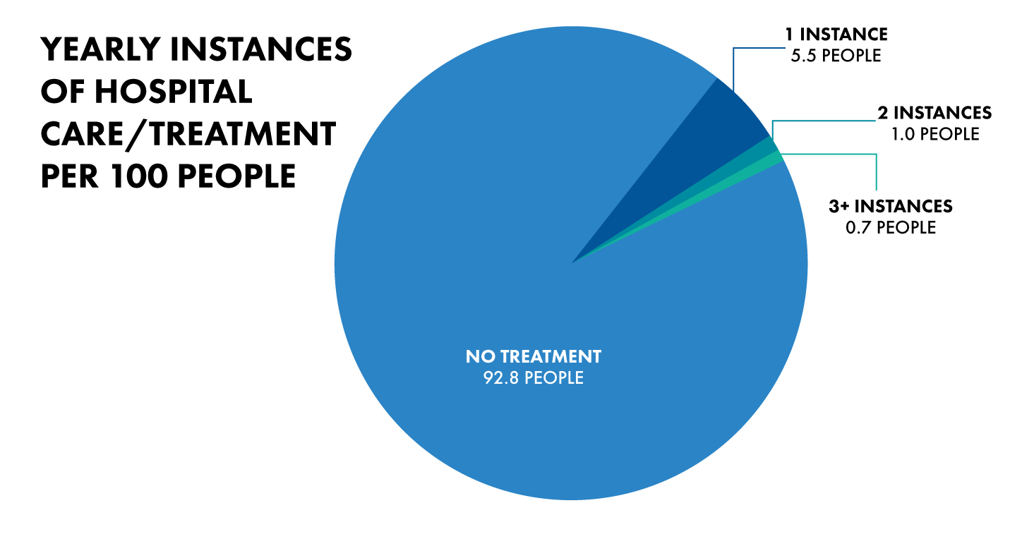 Pie graph showing the number of instances of hospital treatment on a yearly basis per 100 people as discussed at the AAM annual meeting